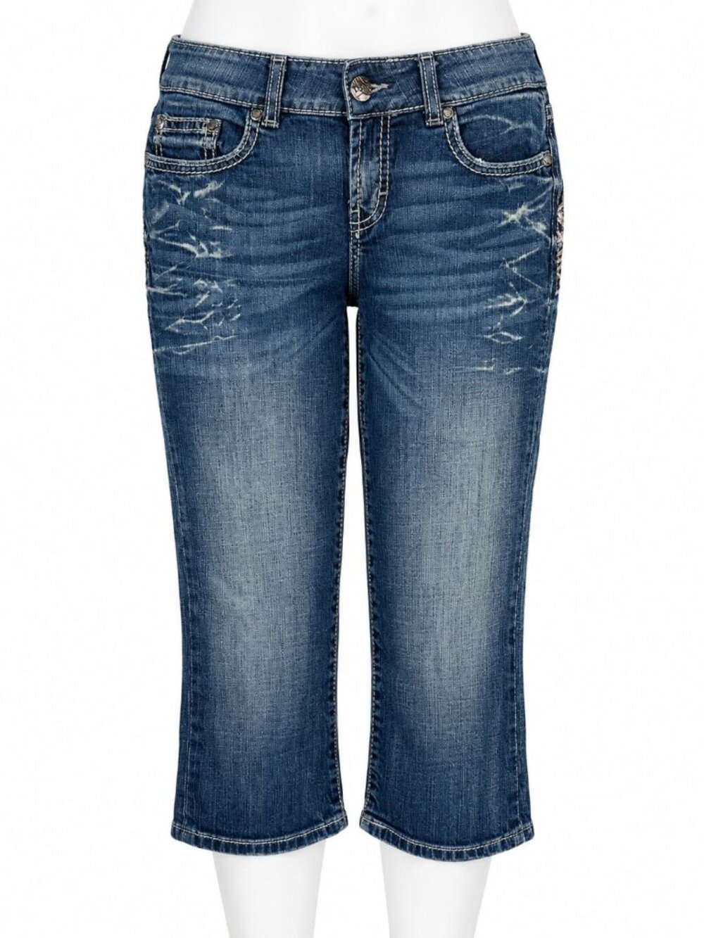 BKE Culture Womens Denim Capri Jeans Distressed Stretch Mid Rise Blue Casual 27